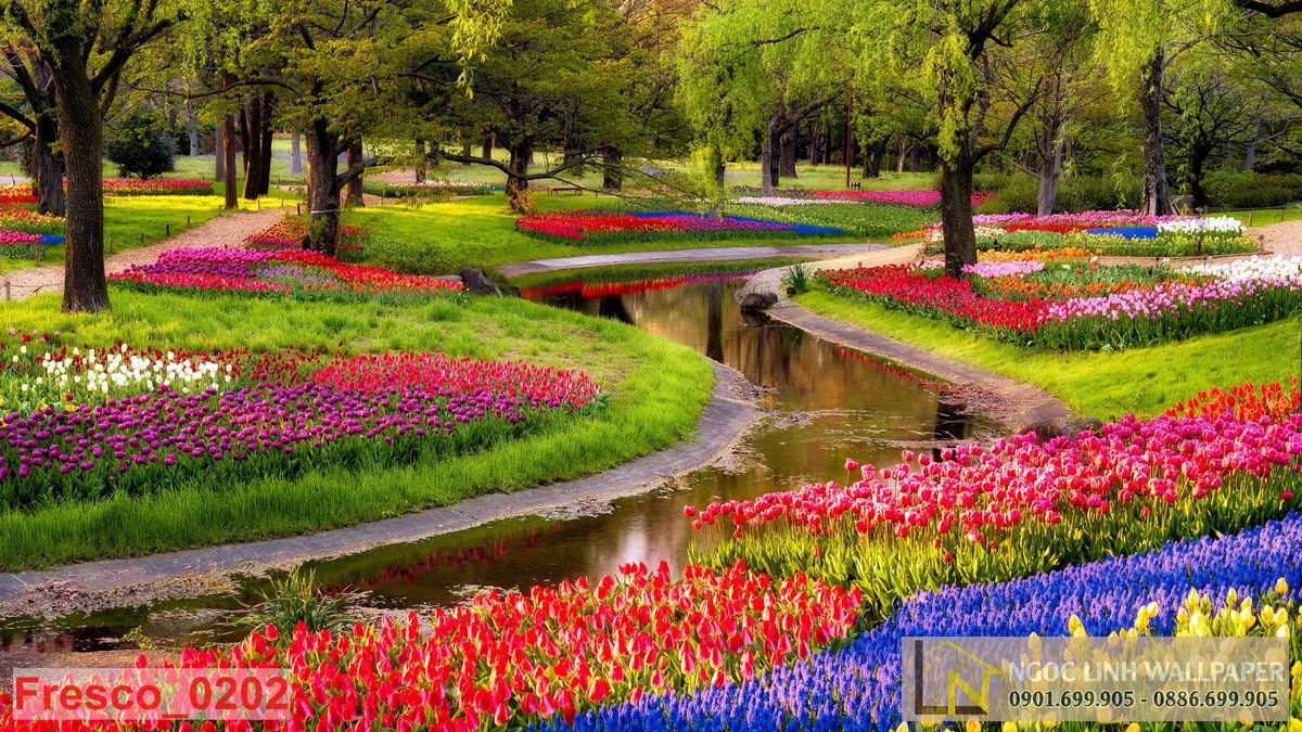 Tranh Dán Tường 3D Vườn Hoa: Vườn Hoa Tulip - Giaydantuongngoclinh