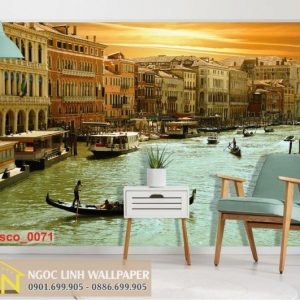 Phối cảnh tranh dán tường 3d châu âu kênh đào Venezia của Ý