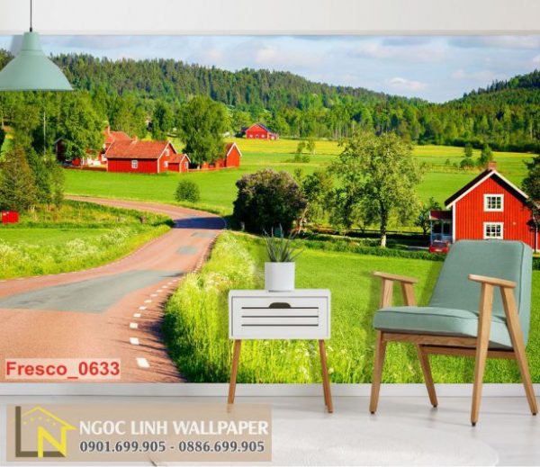 Phối cảnh tranh dán tường châu âu trang trại vùng scandinavia