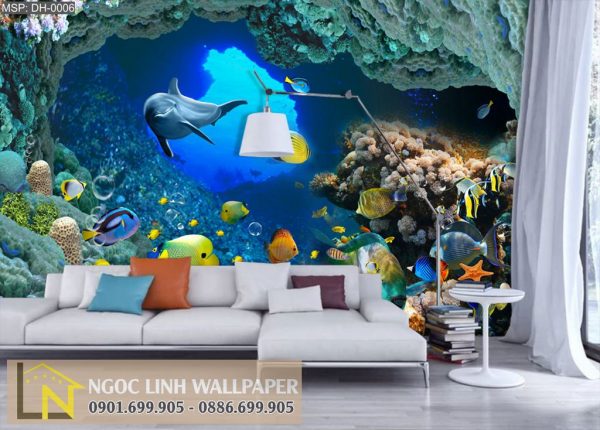 Tranh 3d dán tường phong cảnh biển cá heo