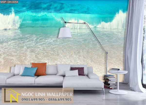 Tranh 3d dán tường phong cảnh biển sóng vào bờ