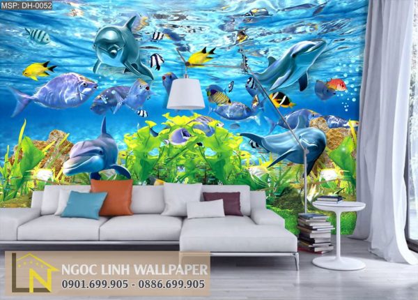 Tranh dán tường 3d phong cảnh biển đàn cá heo