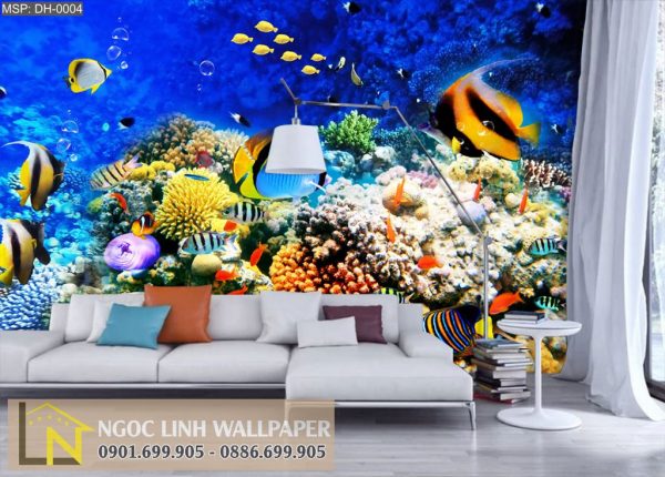Tranh 3d dán tường phong cảnh biển đàn cá rực rỡ
