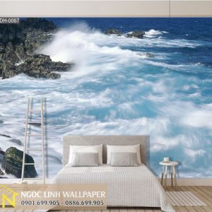 Tranh 3d dán tường phong cảnh biển sóng đánh