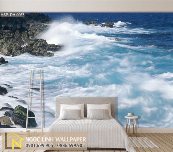Tranh 3d dán tường phong cảnh biển sóng đánh