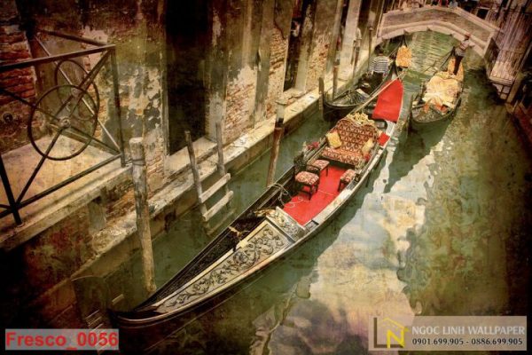 Tranh 3D châu âu dán tường sông Venice Gondola