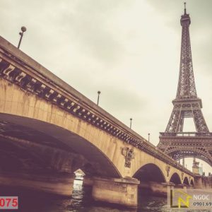 Tranh 3d châu âu dán tường tháp Eiffel và cây cầu