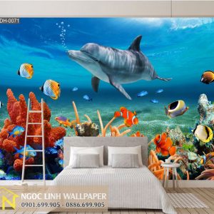 Tranh dán tường 3d phong cảnh biển san hô và cá heo