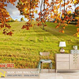 Tranh 3D dán tường phong cảnh mùa thu bên bãi cỏ đẹp