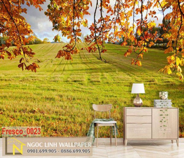 Tranh 3D dán tường phong cảnh mùa thu bên bãi cỏ đẹp
