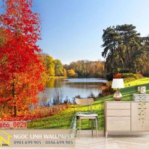 Tranh 3D dán tường phong cảnh mùa thu bên bờ hồ
