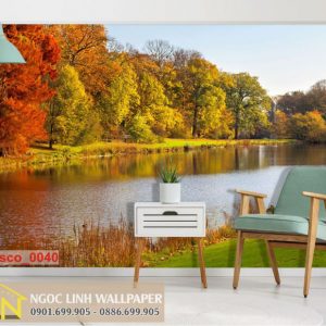 Tranh 3d dán tường phong cảnh mùa thu bên bờ hồ tuyệt đẹp