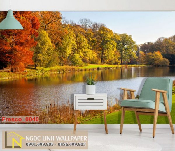 Tranh 3d dán tường phong cảnh mùa thu bên bờ hồ tuyệt đẹp