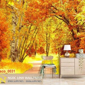 Tranh 3d dán tường phong cảnh mùa thu con đường lá vàng