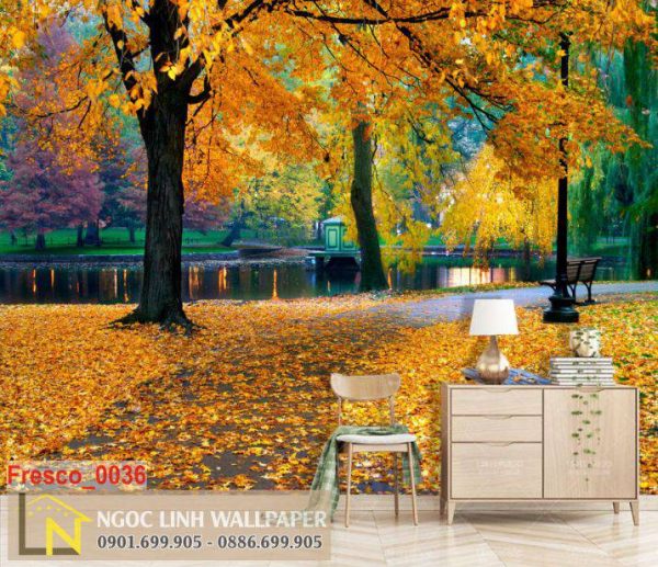 Tranh 3D dán tường phong cảnh mùa thu bên bờ hồ