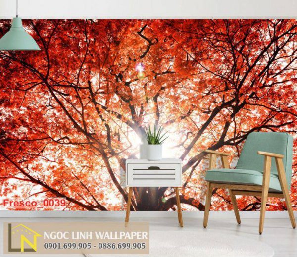Tranh dán tường 3D phong cảnh mùa thu lá phượng đỏ