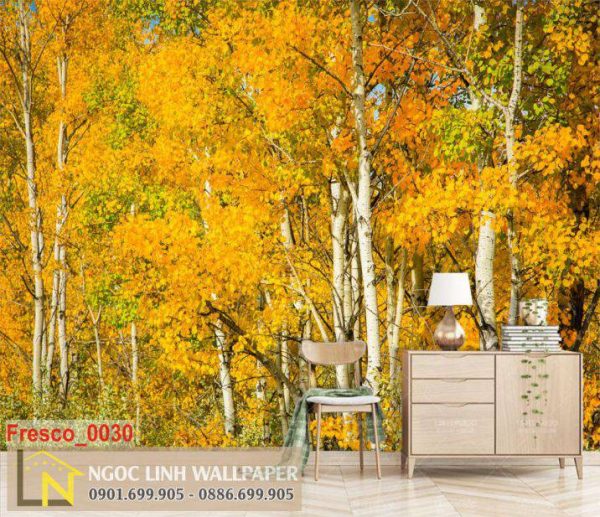 Tranh 3d dán tường phong cảnh mùa thu lá vàng