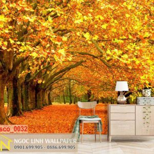Tranh 3d dán tường phong cảnh mùa thu lá vàng rơi kín sân vườn