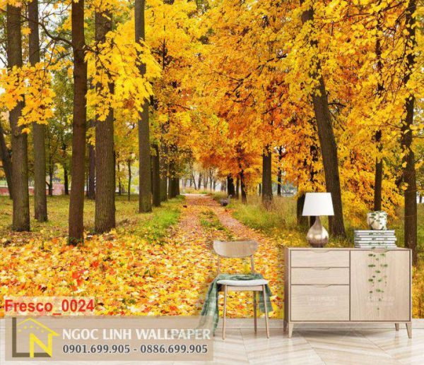 Tranh 3d dán tường phong cảnh mùa thu lá vàng rơi trong rừng