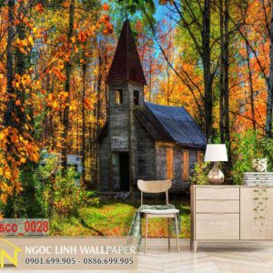 Tranh 3D dán tường phong cảnh mùa thu ngôi nhà trong rừng