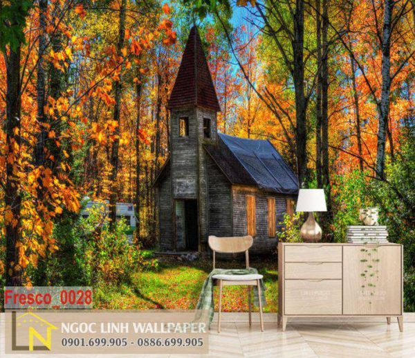Tranh 3D dán tường phong cảnh mùa thu ngôi nhà trong rừng