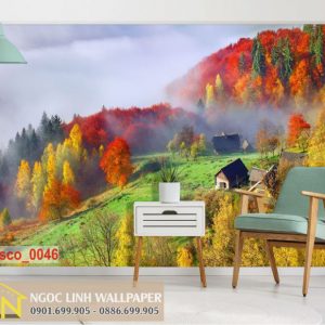 Tranh 3D dán tường phong cảnh mùa thu trên cao nguyên
