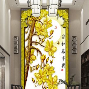 Tranh dán tường 3d khổ dọc hoa mai vàng