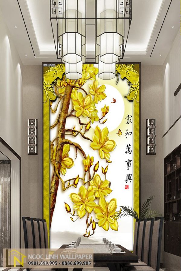 Tranh dán tường 3d khổ dọc hoa mai vàng