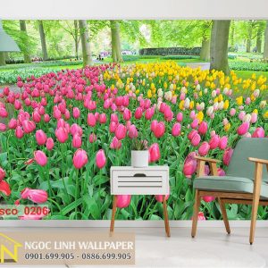 Tranh 3d dán tường vườn hoa tulip ở công viên