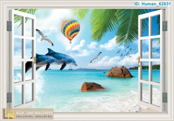 Tranh 3d hình cửa sổ biển và cá