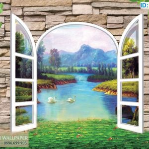 Tranh 3d hình cửa sổ đôi thiên nga và hồ nước