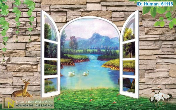 Tranh 3d hình cửa sổ đôi thiên nga và hồ nước