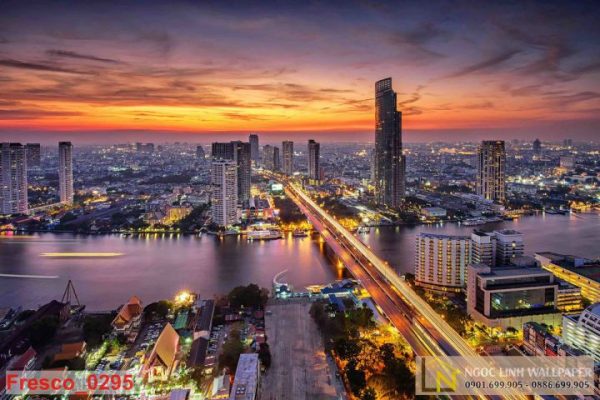 Tranh 3d hoàng hôn thành phố bangkok