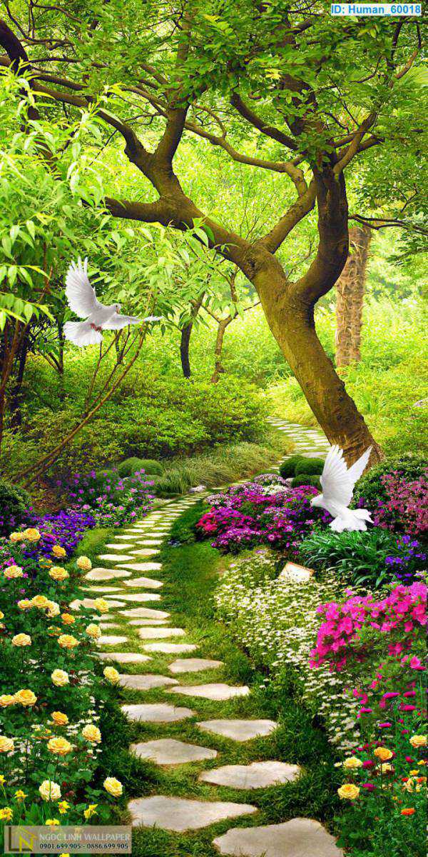 Tranh 3d khổ dọc đôi chim bồ câu và khu vườn đầy hoa