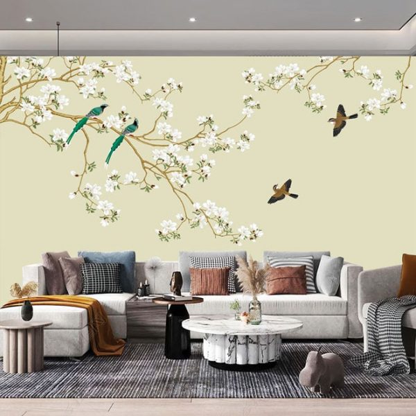 Tranh dán tường Indochine Style: 2 Đôi Chim và Hoa – FT0954